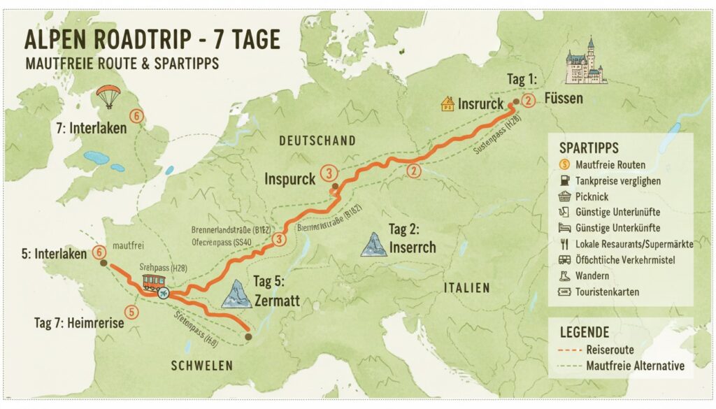 Reiseroute durch die Alpen planen: Mautfreie Alternativen und Spartipps für Autofahrer