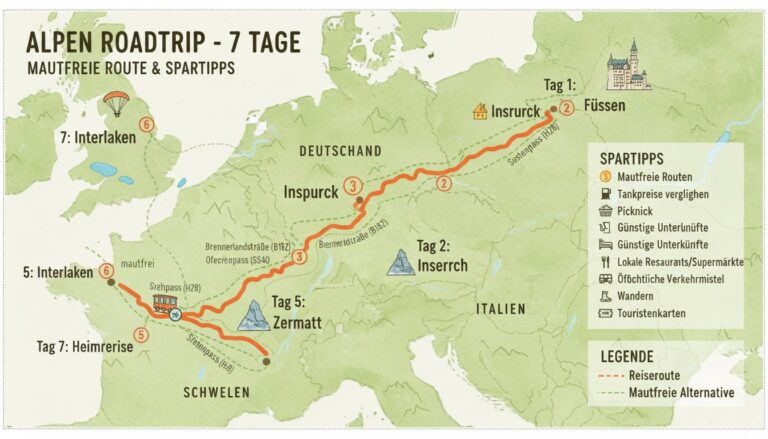 Reiseroute durch die Alpen planen: Mautfreie Alternativen und Spartipps für Autofahrer